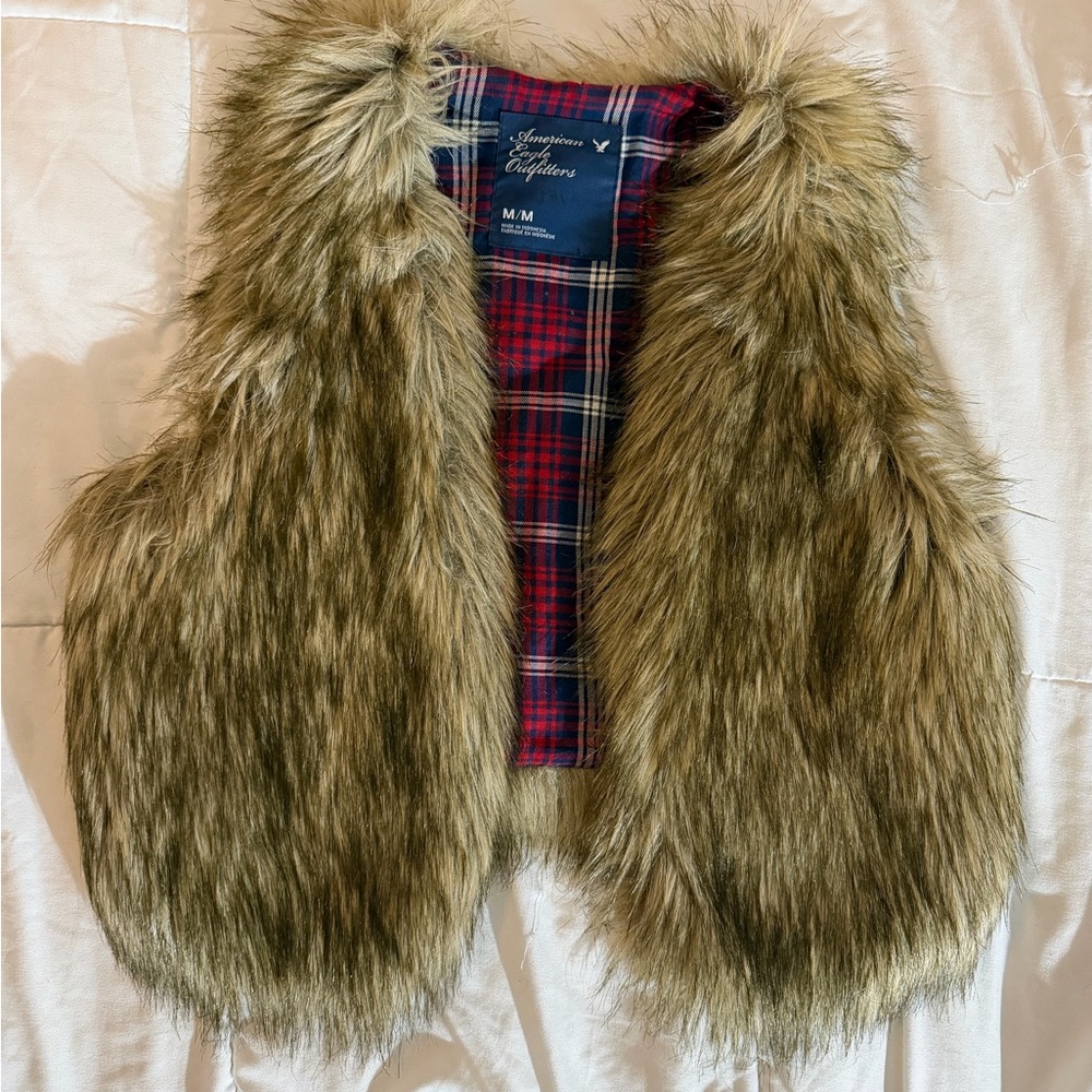 American Eagle Outfitters Faux Fur Vest in Brown and Red Plaid